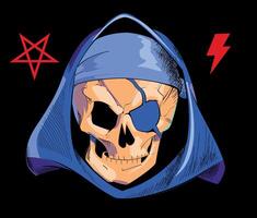 ontwerp voor een piraat schedel t-shirt met een blauw kap langs met symbolen van donder en een rood vijfpuntig ster Aan een zwart achtergrond. vector