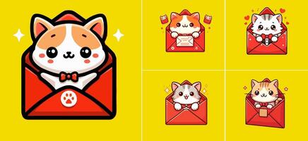 logo reeks van chibi kat geïsoleerd Aan een geel Lucky envelop achtergrond vector