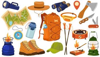 camping, wandelen items set. toerisme en avontuur accessoires. zomer reizen en picknick spullen. vakantie rugzak, kampvuur, wandelen schoenen, lantaarns, branders, bijl, kaart, messen. vector illustratie