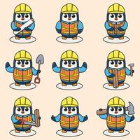 schattig pinguïn bouw aannemer illustratie. vector illustratie van een schattig gebouw voorman pinguïn . schattig pinguïn bouw arbeider tekenfilm. vlak tekenfilm stijl.