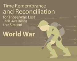 illustratie vector grafisch van een soldaat wandelingen Aan de slagveld draag- een wapen, perfect voor Internationale dag, tijd herinnering en verzoening, die wie kwijt, leeft gedurende, tweede wereld oorlog.