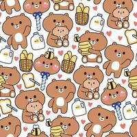 naadloos patroon van schattig teddy beer en bij in divers poses Aan wit achtergrond.brood,melk,hart hand- getekend.wild dier.baby kleding.kawaii.vector.illustratie. vector