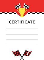 zege of diploma uitreiking certificaat sjabloon voor sport- auto of kart racer. winnaar's gouden beker, geruit vlaggen, af hebben lijn. vector illustratie