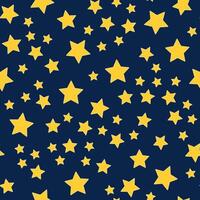 naadloos patroon van geel sterren Aan een donker achtergrond. ruimte patroon voor omhulsel papier. vijfpuntig sterren zijn willekeurig geregeld. vector illustratie.