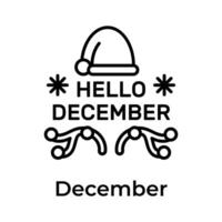 Hallo december citaat met de kerstman hoed, sneeuwvlokken en hert hoorns, geïsoleerd Aan wit achtergrond vector