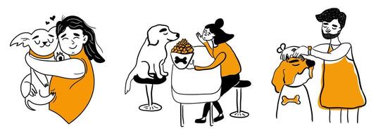 een gelukkig meisje knuffels haar huisdier hond. concept van een vriendelijk cafe voor honden. groomer geven een kapsel naar een hond in een uiterlijke verzorging salon. reeks van schattig tekening stijl illustraties geïsoleerd Aan wit achtergrond. vector