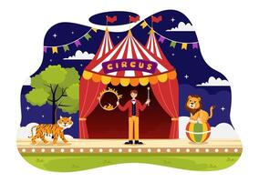 circus vector illustratie met tonen van gymnast, goochelaar, dier leeuw tijger, gastheer, entertainer, clowns en amusement park in vlak tekenfilm achtergrond