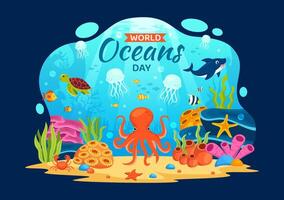 wereld oceanen dag vector illustratie naar helpen beschermen en behouden oceaan, vis, ecosysteem of zee planten in vlak tekenfilm achtergrond ontwerp