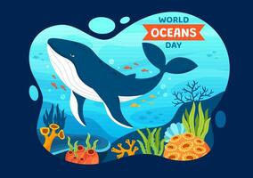 wereld oceanen dag vector illustratie naar helpen beschermen en behouden oceaan, vis, ecosysteem of zee planten in vlak tekenfilm achtergrond ontwerp