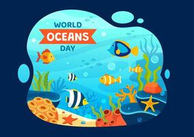 wereld oceanen dag vector illustratie naar helpen beschermen en behouden oceaan, vis, ecosysteem of zee planten in vlak tekenfilm achtergrond ontwerp