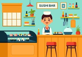 sushi bar vector illustratie van Japan Aziatisch voedsel of restaurant van sashimi en rijst- voor aan het eten met soja saus en wasabi in vlak tekenfilm achtergrond