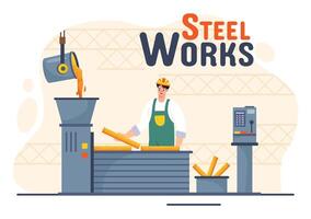 staalfabriek vector illustratie met hulpbron mijnbouw, smelten van metaal in groot gieterij en heet staal gieten in vlak tekenfilm achtergrond ontwerp