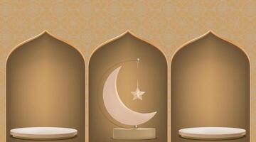 eid al adha mubarak groet ontwerp met halve maan maan en ster hangende Aan 3d podium Aan beige achtergrond.vector backdrop van religie van moslim symbolisch voor eid al fitr, Ramadan kareem vector