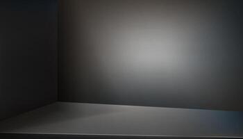 achtergrond studio kamer met plek licht Aan zilver staal aanrecht, leeg metaal plank structuur met licht reflecteren,vector Scherm mockup van tafel boven, keuken teller Aan grijs achtergrond bar bureau oppervlakte vector