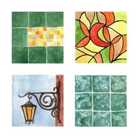 waterverf illustratie reeks met badkamer tegels, glas tegels, gebrandschilderd glas venster, lantaarn, lamp met smeden Aan huis. vector