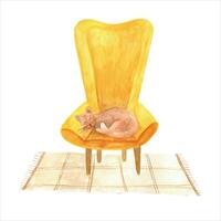 waterverf hygge clip art kat in fauteuil Aan tapijt. hygge huis decor en knus interieur leven kamer vector