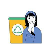 ecologie concept met tekenfilm mensen in vlak ontwerp voor web. vrouw verzamelen vuilnis naar scheiden bakken voor recycling uitschot en hergebruiken. vector illustratie voor sociaal media banier, afzet materiaal.