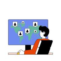 sociaal netwerk concept met tekenfilm mensen in vlak ontwerp voor web. Mens Verbinden met globaal vrienden online van computer programma. vector illustratie voor sociaal media banier, afzet materiaal.
