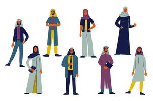 Arabisch mensen reeks in vlak karakter ontwerp voor web. bundel personen van Arabisch Mens en vrouw in traditioneel of modern kleren en hijaab, moslim mensen uit het bedrijfsleven staand en poseren. vector illustratie.