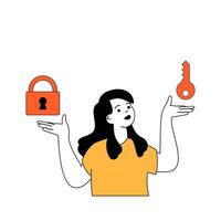 cyber veiligheid concept met tekenfilm mensen in vlak ontwerp voor web. vrouw beschermen digitaal gegevens met veiligheid systeem met wachtwoorden. vector illustratie voor sociaal media banier, afzet materiaal.