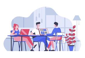 coworking kantoor concept met tekenfilm mensen in vlak ontwerp voor web. collega's team en freelancers werken Bij laptop in Open ruimte. vector illustratie voor sociaal media banier, afzet materiaal.