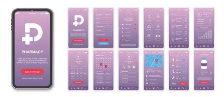 apotheek mobiel app koppel schermen sjabloon set. online account, medisch onderhoud, bezoek dokter, overleg, verdovende middelen bestellen. pak van ui, ux, gui uitrusting voor toepassing web indeling. vector ontwerp.