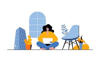 freelance web concept met mensen in vlak tekenfilm ontwerp. vrouw werken Bij laptop online en zittend in comfortabel voorwaarden kamer. vector illustratie voor sociaal media banier, afzet materiaal.