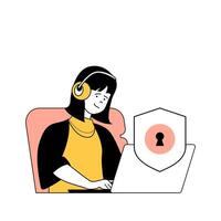 verzekering onderhoud concept met tekenfilm mensen in vlak ontwerp voor web. vrouw gebruik makend van digitaal veiligheid systeem schild voor cyber veiligheid. vector illustratie voor sociaal media banier, afzet materiaal.