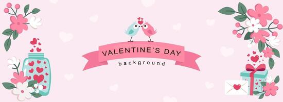 Valentijn dag horizontaal web spandoek. schattig vogelstand paren zoenen Aan lint, abstract bloem boeketten, romantisch cadeaus en harten. vector illustratie voor hoofd website, Hoes Sjablonen in modern ontwerp