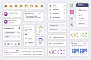 gebruiker koppel elementen reeks voor sociaal media mobiel app. uitrusting sjabloon met hud diagrammen, profiel informatie, emoticons, account opstelling, statistieken. pak van ui, ux, gui schermen. vector componenten.