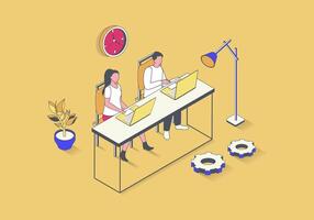 coworking ruimte concept in 3d isometrische ontwerp. collega's werk met laptops in Open kantoor samen, samenwerken in team Bij project. vector illustratie met isometrie mensen tafereel voor web grafisch