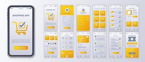 boodschappen doen mobiel app koppel schermen sjabloon set. account Log in, assortiment goederen met prijs, bestellen, online betaling, krijgen coupon. pak van ui, ux, gui uitrusting voor toepassing web indeling. vector ontwerp.