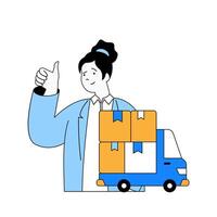 levering concept met tekenfilm mensen in vlak ontwerp voor web. vrouw werken in logistiek bedrijf met vrachtwagens dragen pakketten naar magazijn. vector illustratie voor sociaal media banier, afzet materiaal.