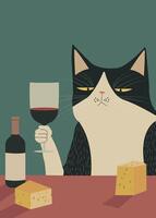 kat met een glas van wijn illustratie vector