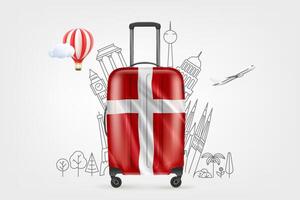 plastic reizen zak met Deens vlag en beroemd wereld bezienswaardigheden. 3d vector illustratie