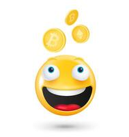 geel schattig emoji gezicht met crypto munten. 3d vector illustratie