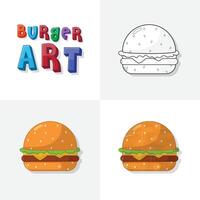 Hamburger kunst schetsen, kleuren bladzijde, vlak en realistisch hamburger snel voedsel illustratie voor kinderen vector