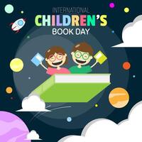 Internationale kinderen boek dag poster met twee kinderen vliegend met een boek vector
