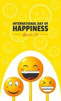 Internationale dag van geluk poster met drie glimlachen gezichten vector