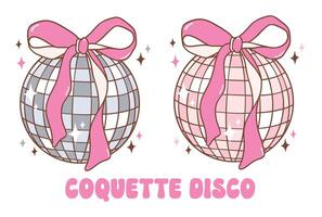 coquette disco bal met roze lint boog illustratie, modieus groovy gevoel disco tijdperk. vector