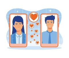 online dating app concept met Mens en vrouw Aan telefoon scherm. vlak vector modern illustratie