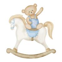 schommelen paard met teddy beer. hand- getrokken waterverf illustratie van baby speelgoed. rijden pony voor weinig jongen of meisje. dier voor kind spel in wijnoogst stijl. schattig retro tekening voor kinderen vakantie vector