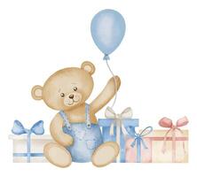 teddy beer met ballon en geschenk dozen. waterverf illustratie van schattig dier en presenteert voor baby douche groet kaarten of verjaardag partij uitnodiging. tekening voor kinderachtig ontwerp in pastel kleuren vector