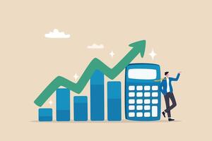 berekenen omzet groei, groeit inkomen of investering verdienen, belasting, accounting of winst berekening, financieel evaluatie concept, zakenman met rekenmachine en groei tabel diagram groeit pijl. vector