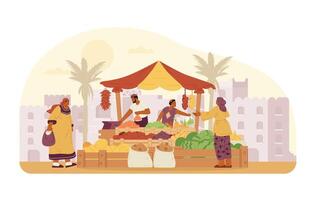 midden- oostelijk familie vader en zoon verkoop fruit en groenten in een marktplaats met oude stad Bij de achtergrond vlak vector illustratie. Dames buying fruit Bij de markt.