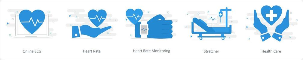 een reeks van 5 mengen pictogrammen net zo online ECG, hart tarief, hart tarief toezicht houden vector