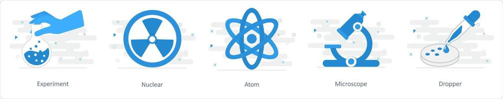 een reeks van 5 mengen pictogrammen net zo experiment, nucleair, atoom vector