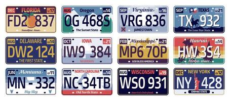 auto bord Verenigde Staten van Amerika staten. staat ID kaart getallen verzameling, land registratie labels, bestuurder licentie voor Florida, Oregon, Virginia, Hawaii, Mississippi, Wisconsin. vector reeks