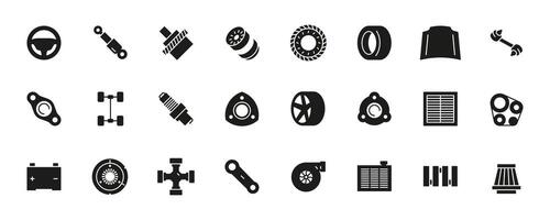 zwart auto details pictogrammen. schets automotive onderdelen en componenten, auto motor en overdragen. vector auto Reserve onderdelen vlak verzameling