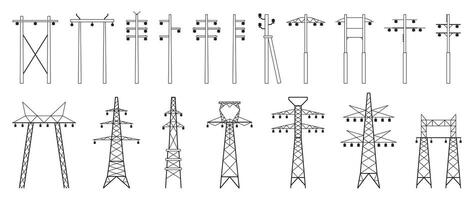 elektrisch pylonen set. elektrisch toren bouw en onderhoud, hoogspanningslijn verbinding en elektriciteit netwerk infrastructuur bouw. vector vlak verzameling